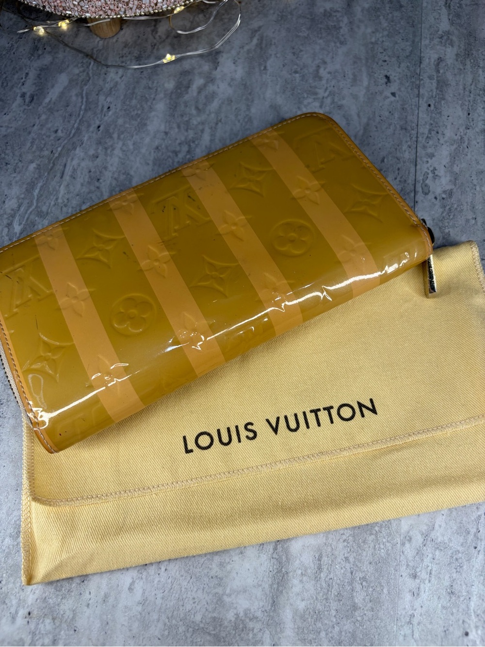Louis Vuitton Mono Yellow & Pink Vernis Rayure Zip Long Wallet with dust bag COA